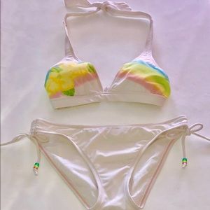Two-Piece Halter Top Rainbow/Hibiscus Swimsuit